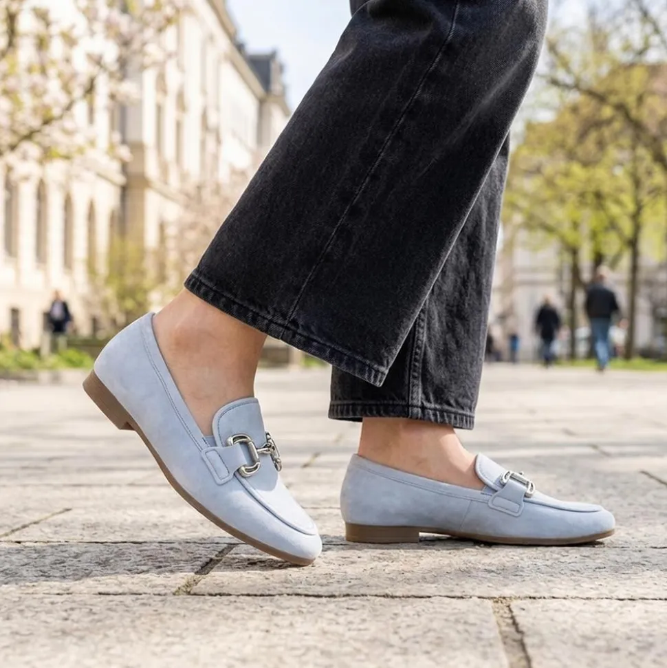 Gabor Wide Fit Leather Loafers With Chrome Snaffle - Pale Blue