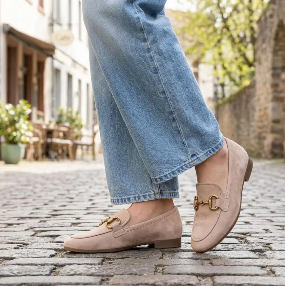 Gabor Wide Fit Leather Loafers With Chrome Snaffle - Sand