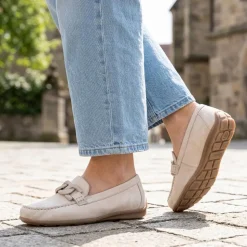 Gabor Wide Fit Leather Moccasins With Chain Detail - Beige