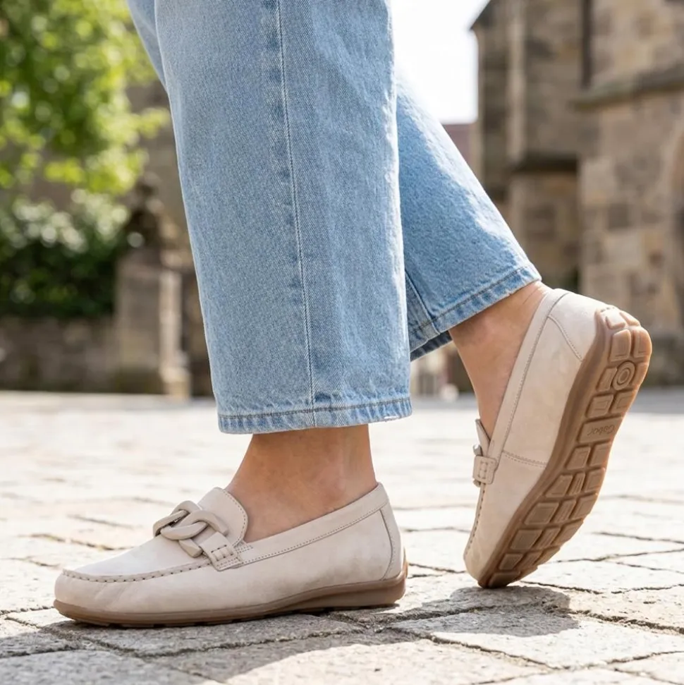 Gabor Wide Fit Leather Moccasins With Chain Detail - Beige