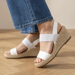 Gabor Wide Fit Leather Wedge Sandals - White-Silver