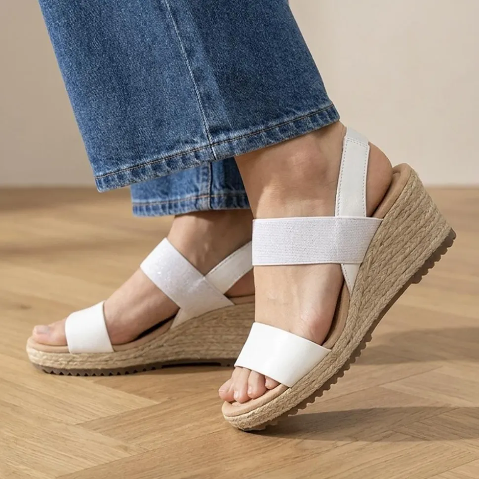 Gabor Wide Fit Leather Wedge Sandals - White-Silver