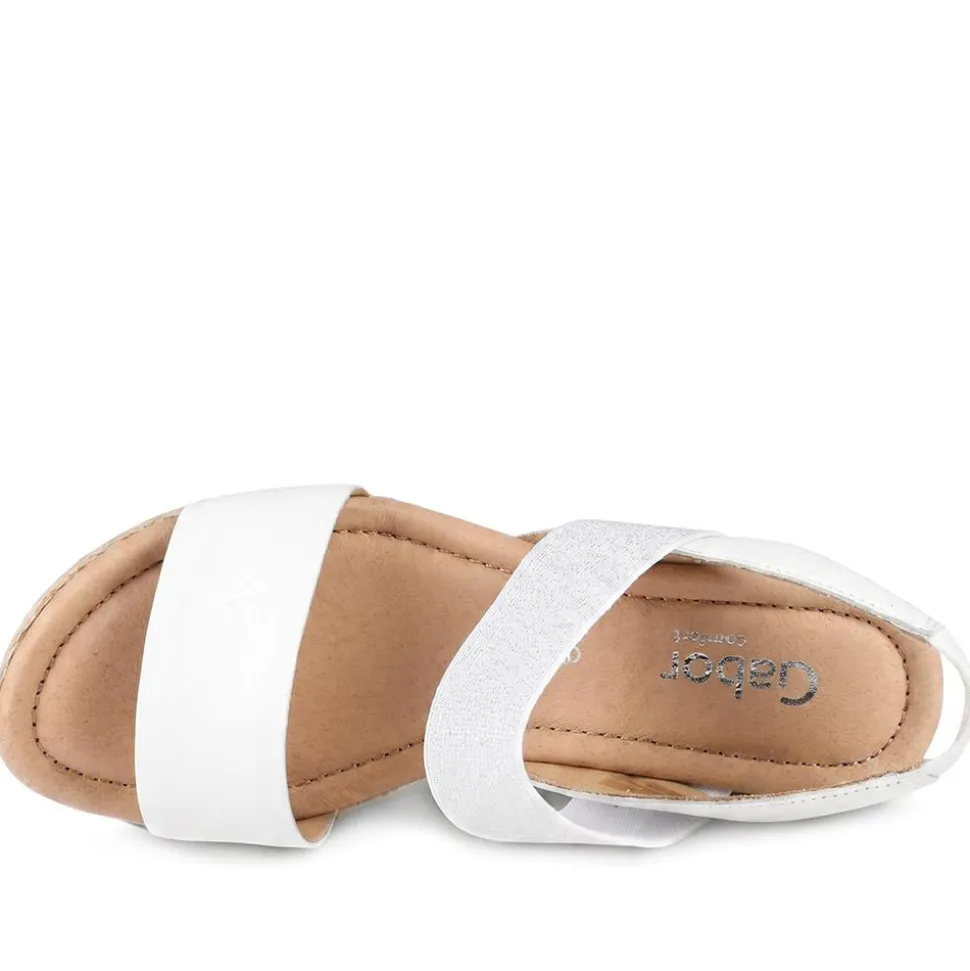 Gabor Wide Fit Leather Wedge Sandals - White-Silver