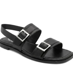Haniya Leather Dual Buckle Fasten Sandals - Black Leather