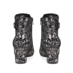 Heeled Buckle Detail Ankle Boots - Black Floral