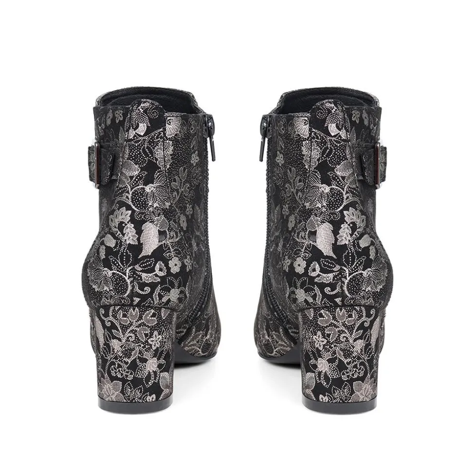 Heeled Buckle Detail Ankle Boots - Black Floral