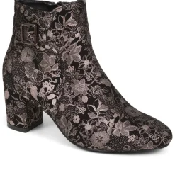 Heeled Buckle Detail Ankle Boots - Black Floral