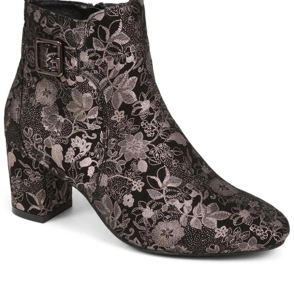 Heeled Buckle Detail Ankle Boots - Black Floral