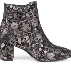 Heeled Buckle Detail Ankle Boots - Black Floral