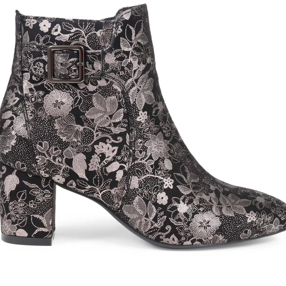 Heeled Buckle Detail Ankle Boots - Black Floral