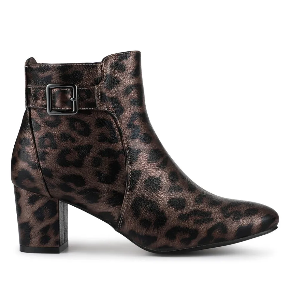Heeled Buckle Detail Ankle Boots - Brown Leopard