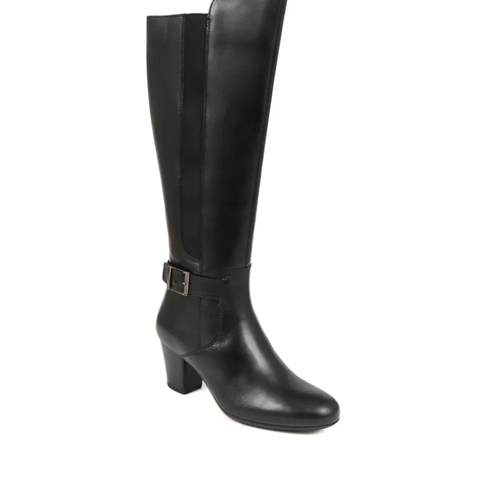 Heeled Buckle Detail Knee Boots - Black