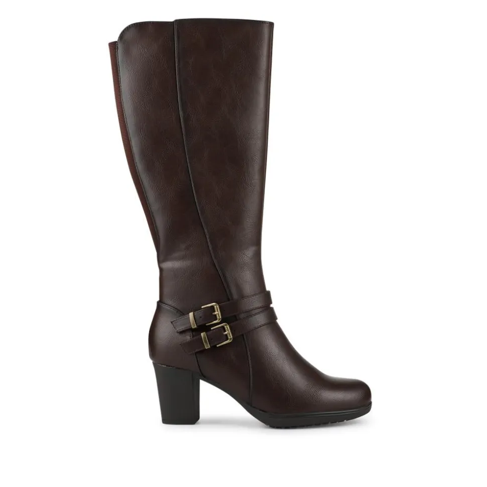 Heeled Calf-Stretch Long Boots - Chocolate
