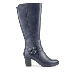 Heeled Calf-Stretch Long Boots - Navy