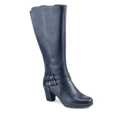 Heeled Calf-Stretch Long Boots - Navy
