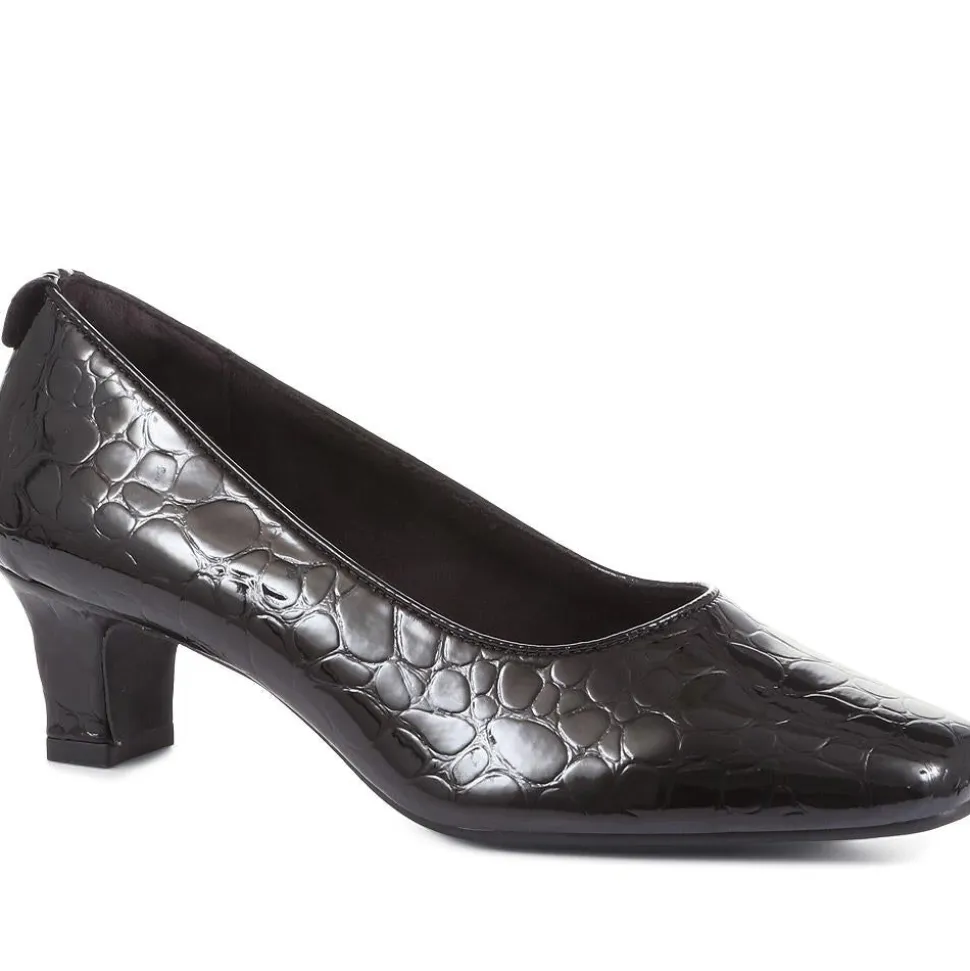 Heeled Court Shoes - Black Patent Croc