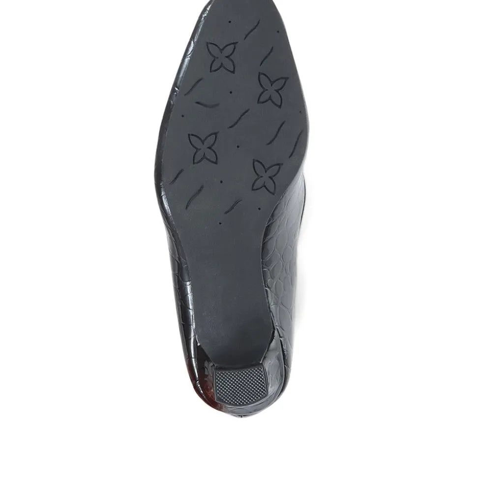Heeled Court Shoes - Black Patent Croc