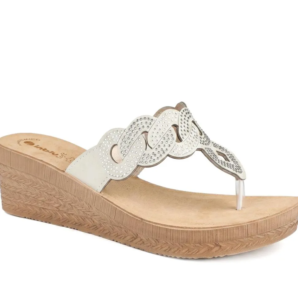 Inblu Wedge Heel Toe Post Sandals - Beige