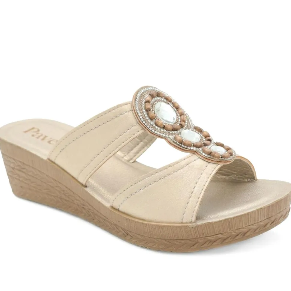 Jewelled Wedge Heel Mule Sandals - Gold