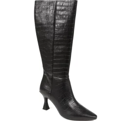 Knee-High Leather Heeled Boots - Black Croc