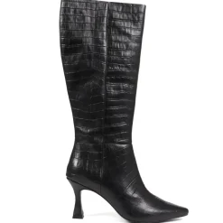 Knee-High Leather Heeled Boots - Black Croc