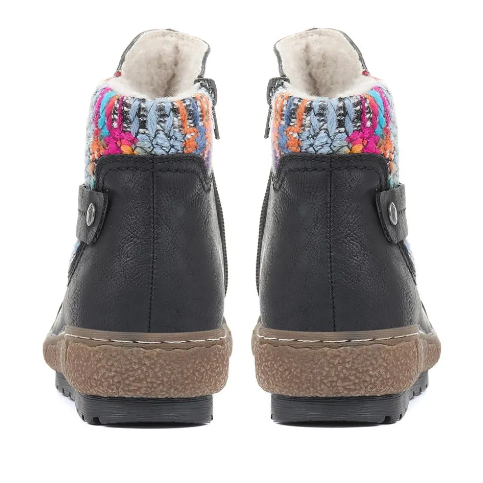 Knitted Cuff Ankle Boots - Black