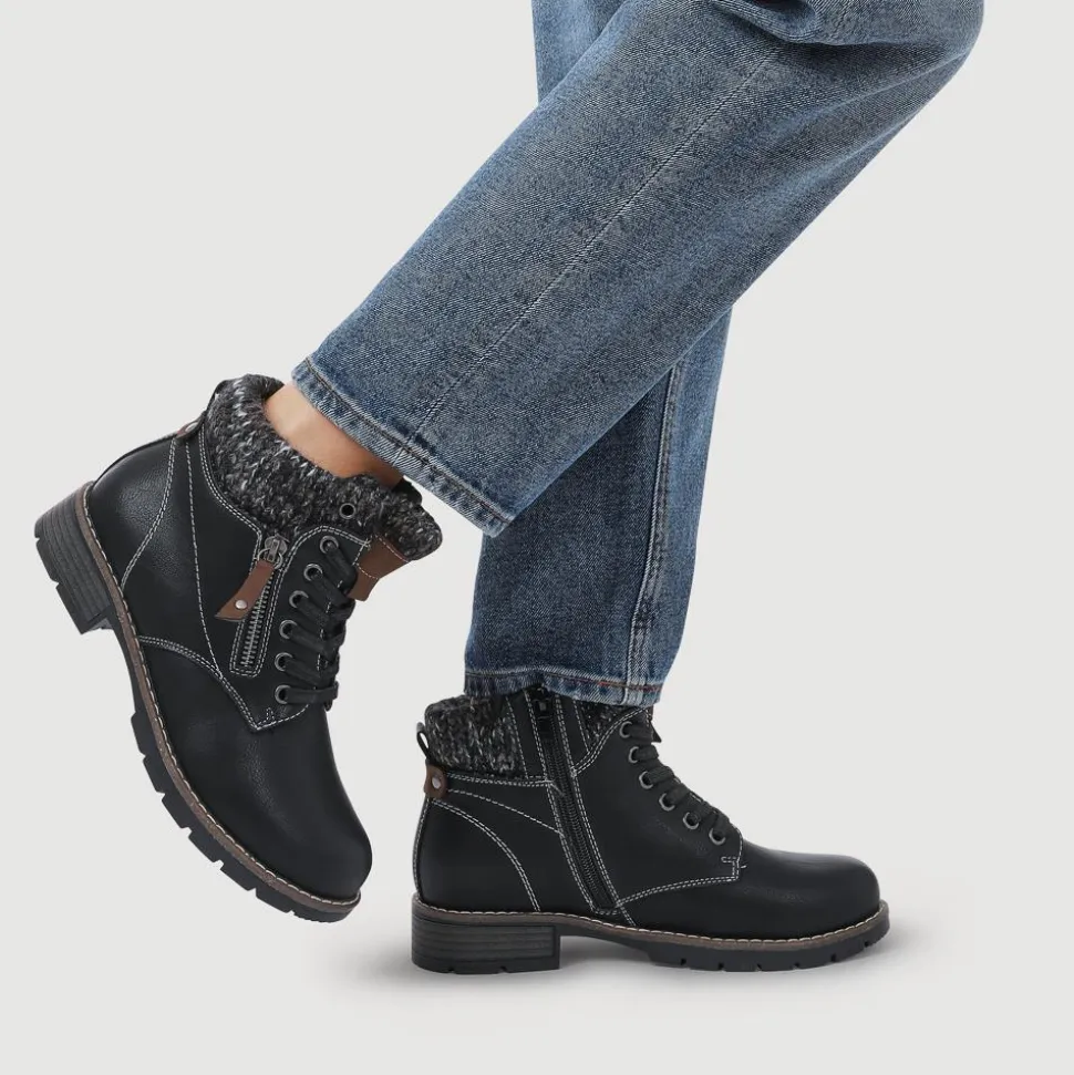 Knitted Cuff Ankle Boots - Black