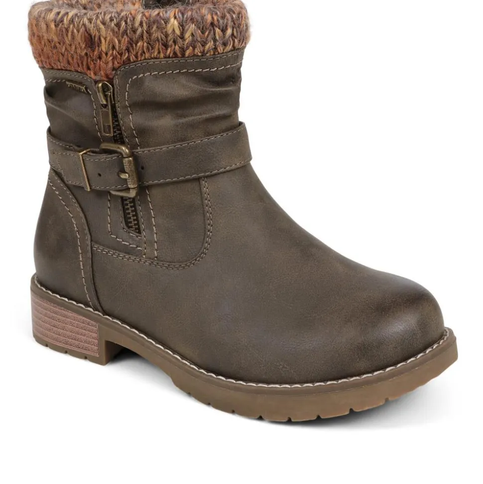 Knitted Cuff Ankle Boots - Khaki