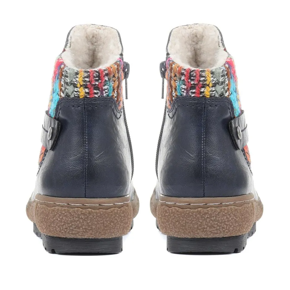 Knitted Cuff Ankle Boots - Navy