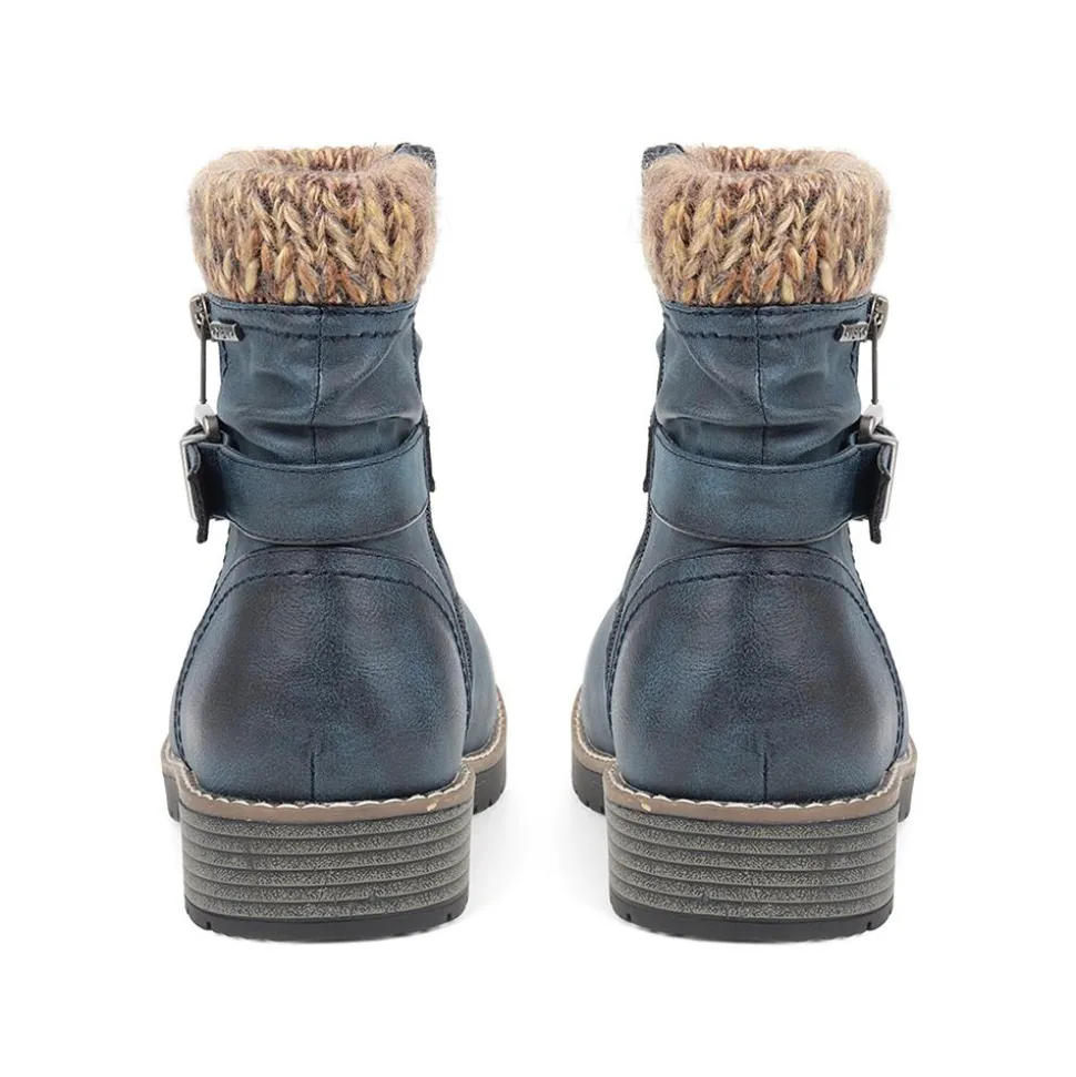 Knitted Cuff Ankle Boots - Navy