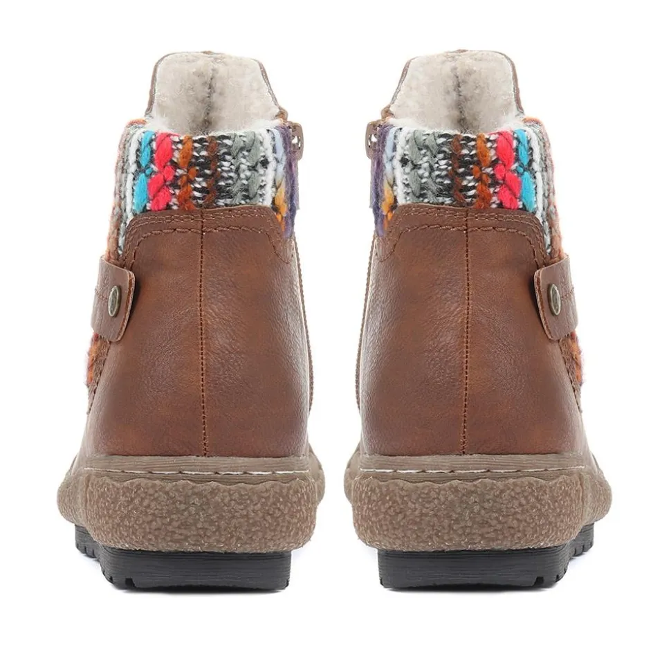Knitted Cuff Ankle Boots - Tan