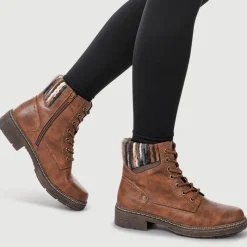 Knitted Cuff Lace-Up Boots - Brown