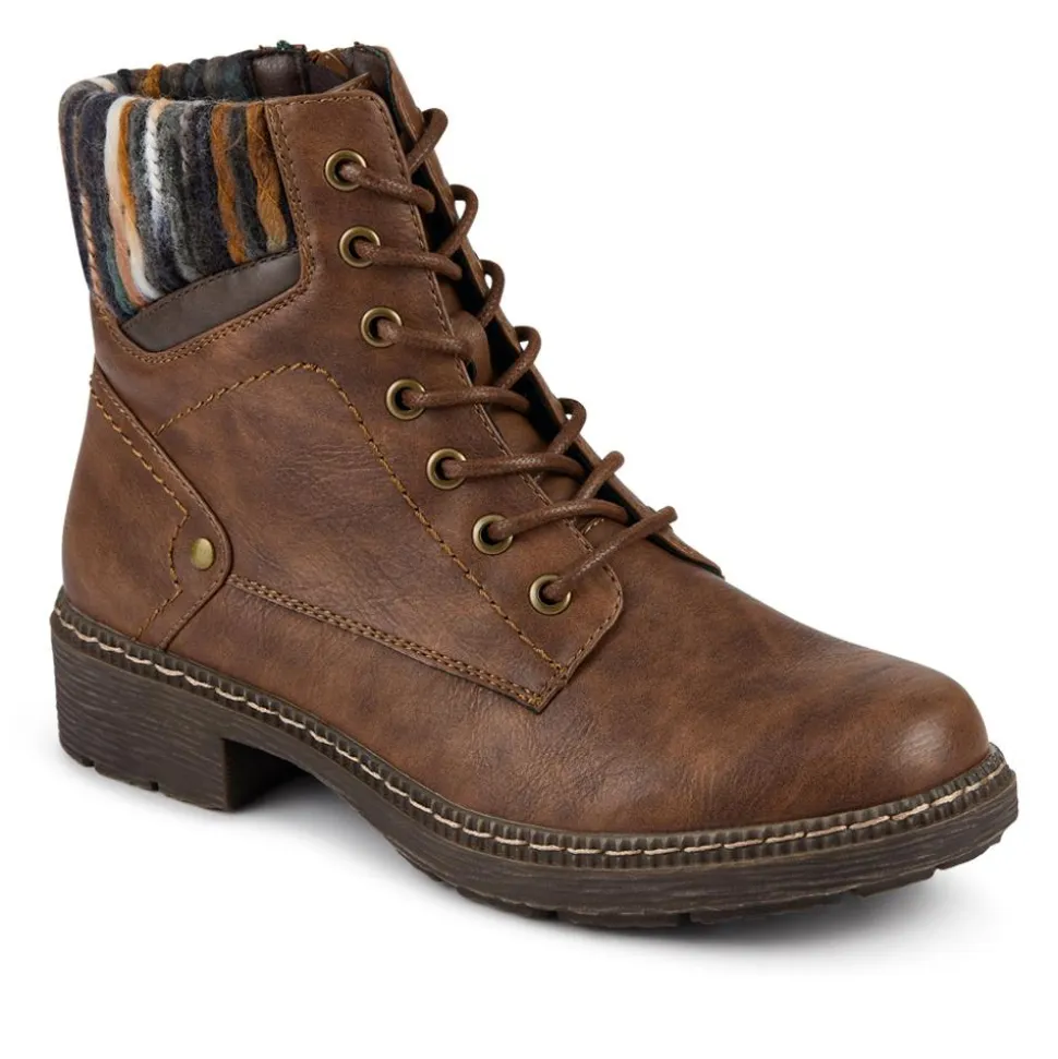 Knitted Cuff Lace-Up Boots - Brown