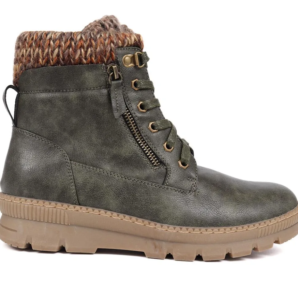 Knitted Cuff Lace-Up Boots - Olive