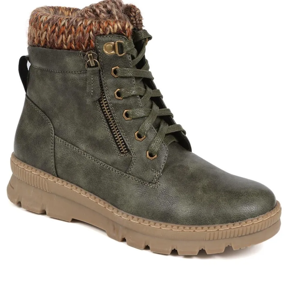 Knitted Cuff Lace-Up Boots - Olive