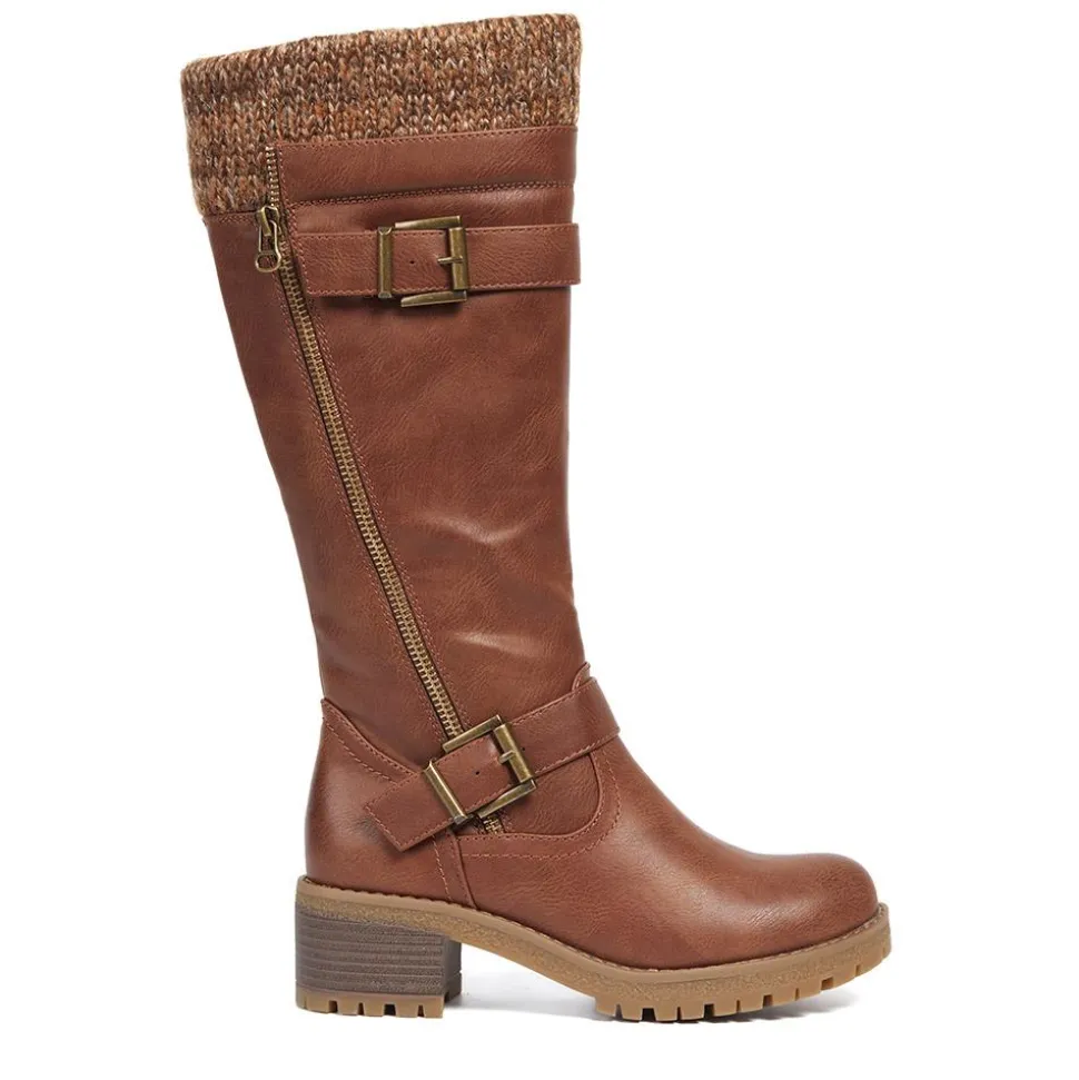 Knitted Cuff Long Boots - Tan