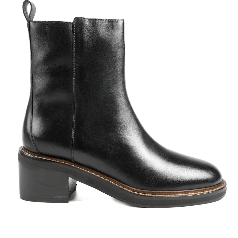 Krystel Leather Block Heel Ankle Boots - Black Leather