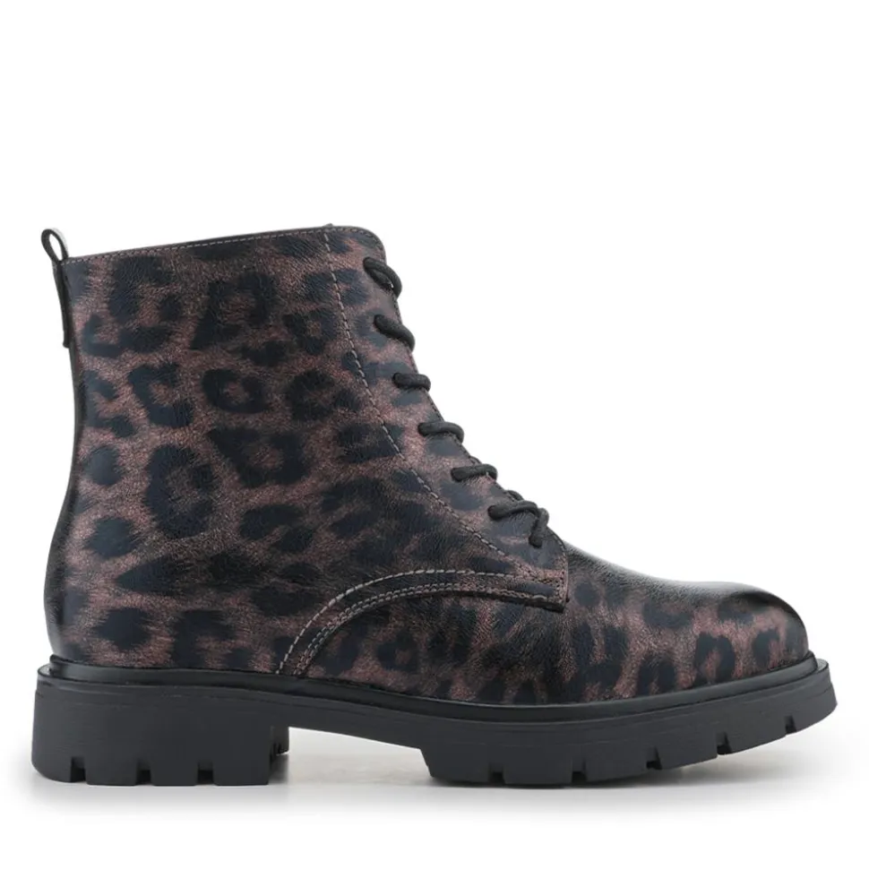 Lace-Up Block-Heeled Boots - Brown Leopard
