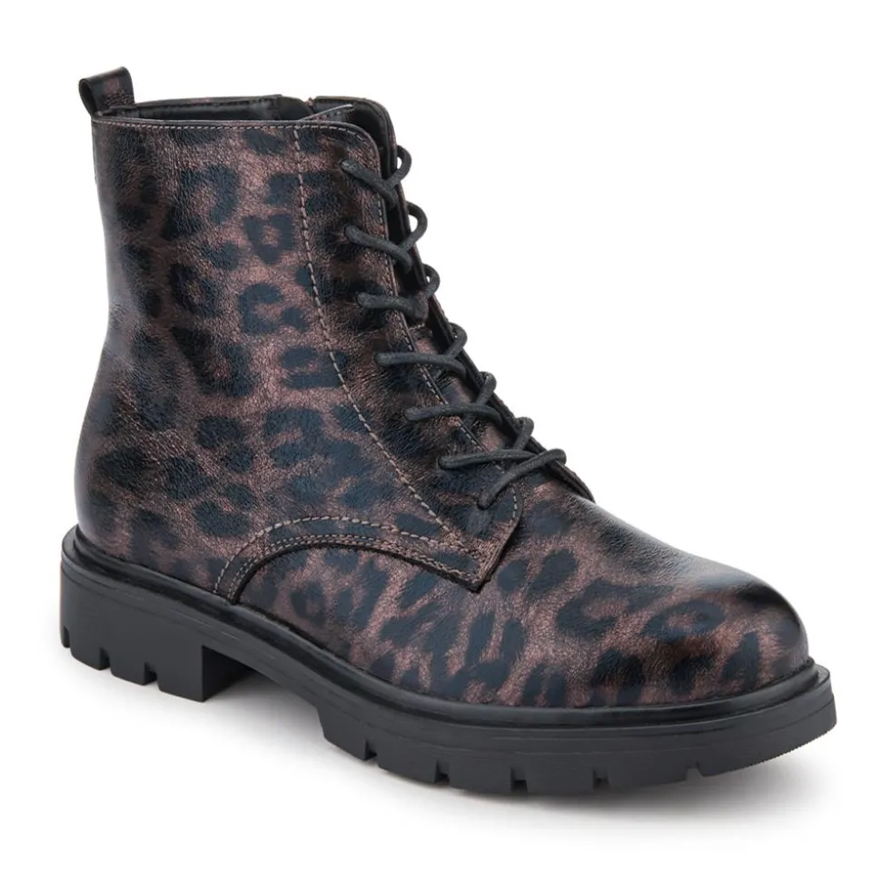 Lace-Up Block-Heeled Boots - Brown Leopard