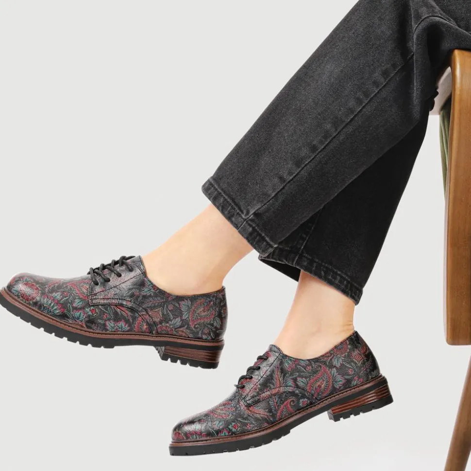 Lace-Up Block Heel Shoes - Black Paisley