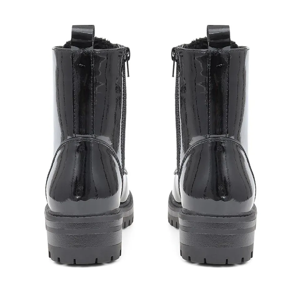 Lace-Up Chunky Ankle Boots - Black Patent