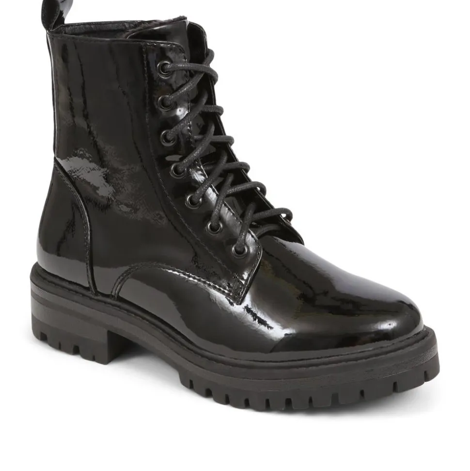 Lace-Up Chunky Ankle Boots - Black Patent