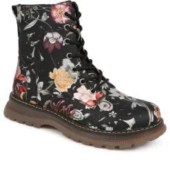 Lace-Up Floral Boots - Black Floral