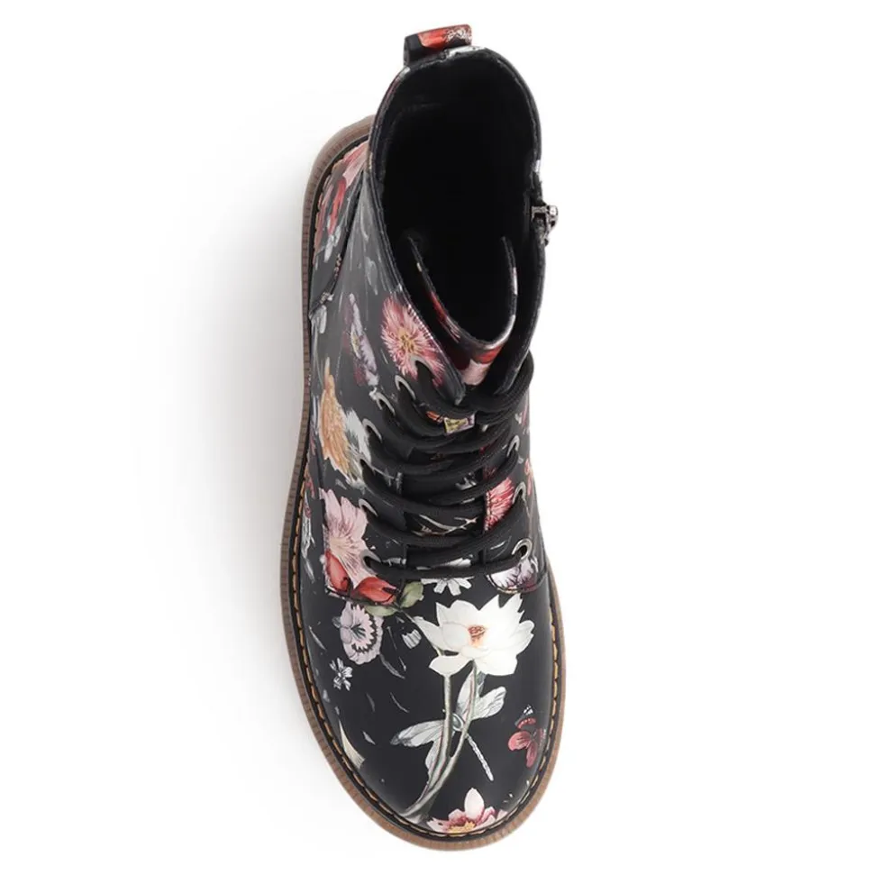 Lace-Up Floral Boots - Black Floral