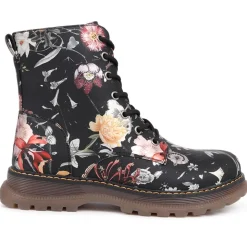 Lace-Up Floral Boots - Black Floral