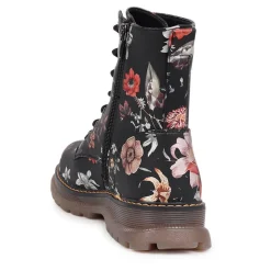 Lace-Up Floral Boots - Black Floral