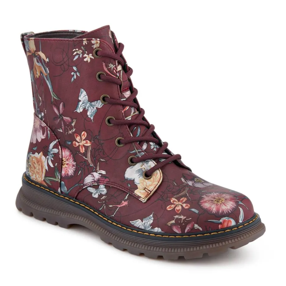 Lace-Up Floral Boots - Burgundy Floral