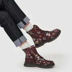 Lace-Up Floral Boots - Burgundy Floral