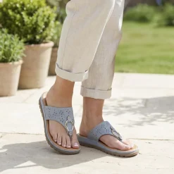 Laser Cut Toe Post Sandals - Light Blue