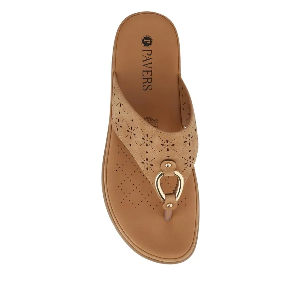 Laser Cut Toe Post Sandals - Tan